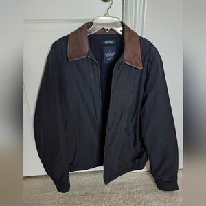 #90s Nautica Men's Bomber Jacket with Chocolate Leather Collar